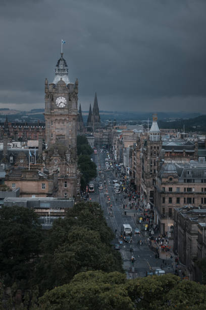 View of Edinburgh city centre in Scottish cloudy weather stock photo