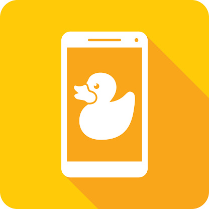 Vector illustration of a smartphone with rubber duck icon against a yellow background in flat style.