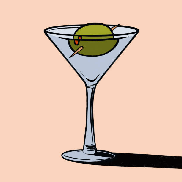 Vodka martini with huge olive Ink and colour illustration of a vodka martini cocktail with a huge olive with refraction from the glass and liquid martini royale stock illustrations