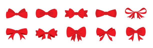 Red bow holiday gift party ribbon xmas flat set Red bow holiday gift party ribbon xmas flat set. Decoration important event present sign attention. Different tie shape decor room product wedding holiday packaging element valentine love isolated bow stock illustrations