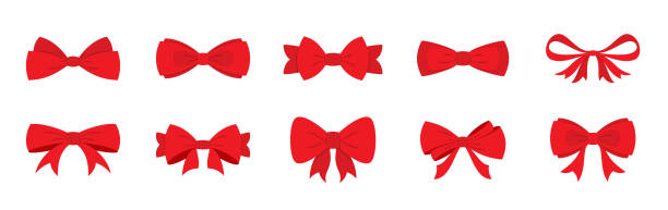 Red bow holiday gift party ribbon xmas flat set Red bow holiday gift party ribbon xmas flat set. Decoration important event present sign attention. Different tie shape decor room product wedding holiday packaging element valentine love isolated tied knot stock illustrations