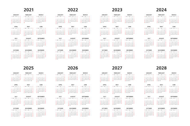 Calendar 2021, 2022 and 2028 Calendar 2021, 2022, 2023, 2024, 2025, 2026, 2027, 2028 years, black letters on white background, sundays marked red, years side by side 2026 2021 stock illustrations