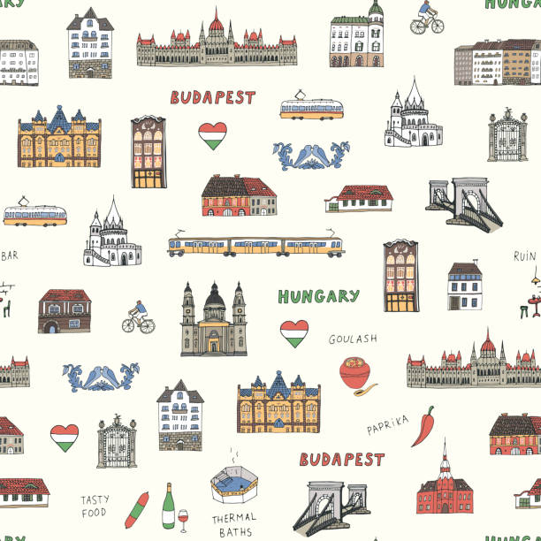 reise budapest ungarn vektor nahtloses muster - hungary budapest map cartography stock-grafiken, -clipart, -cartoons und -symbole