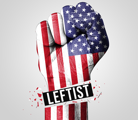 Freedom of United States of America vs Leftist Concept Background with Fist. American flag painted