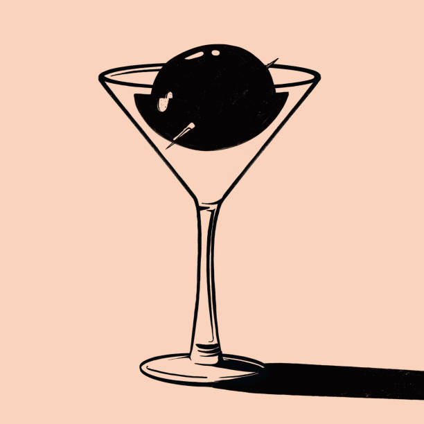 Vodka Martini with Huge olive Black Ink illustration of a vodka martini cocktail with a huge olive with refraction from the glass and liquid martini royale stock illustrations
