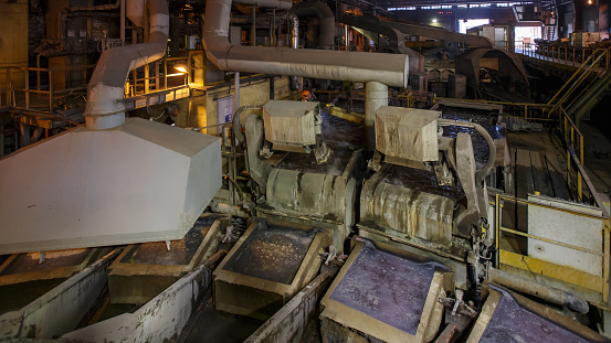 Closeup view of anode casting machine. Copper foundry workshop.
