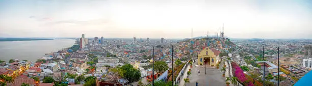 Panoramic photo of the view of Guayaquil from the top of the lighthouse on the Cerro Santa Ana (Saint Ana hill), a moment before sunset after a warm sunny summer day. Ecuador.