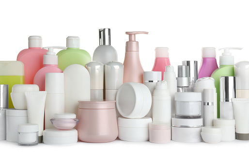 Many different cosmetic products on white background