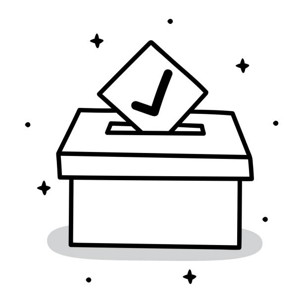 Ballot Box Doodle 5 Vector illustration of a hand drawn black and white ballot box with check marked piece of paper against a white background. voting drawings stock illustrations