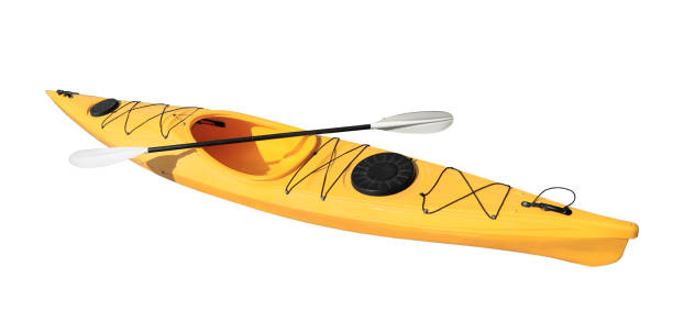 istock Yellow kayak with paddle isolated on white. Outdoor activity 1413883918