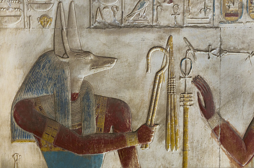 Bajorrelieve del dios Anubis en el Templo de Seti I en Abidos. Egipto. photo