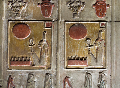 colored Egyptian Hieroglyphics at the Temple  of Seti I . Abydos . Egypt .