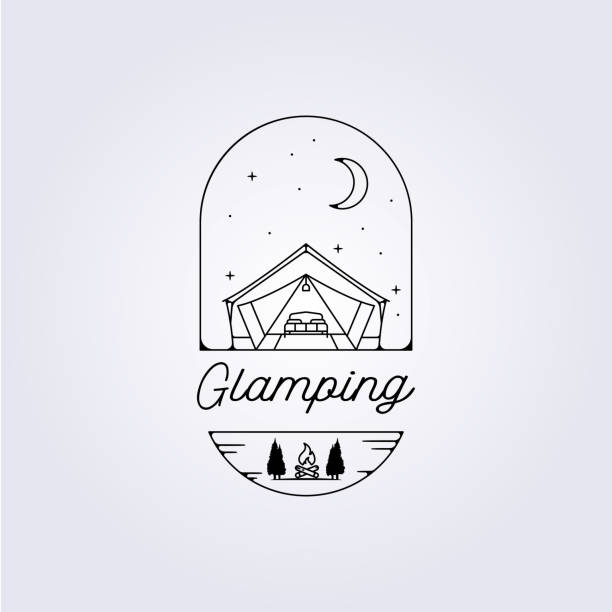 illustrazioni stock, clip art, cartoni animati e icone di tendenza di glamping tenda linea logo campeggio illustrazione vettoriale - tourist resort hotel silhouette night