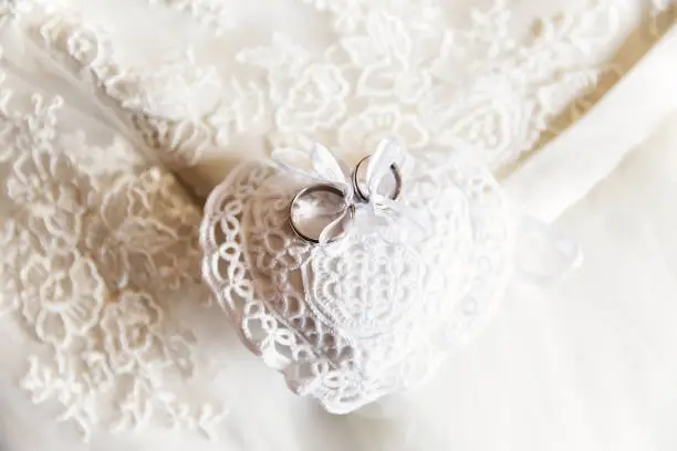 Two wedding rings on a lace fabric heart.