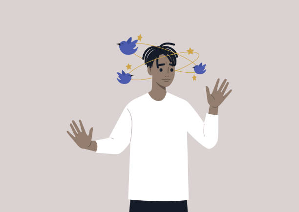 A young male African character feeling dizzy with blue birds and yellow stars orbiting around their head A young male African character feeling dizzy with blue birds and yellow stars orbiting around their head unbalance stock illustrations