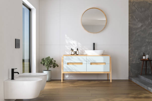 istock Stylish bathroom interior with white and concrete walls, 1413890076