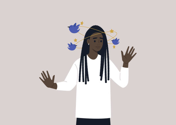 A young female African character feeling dizzy with blue birds and yellow stars orbiting around their head A young female African character feeling dizzy with blue birds and yellow stars orbiting around their head unbalance stock illustrations
