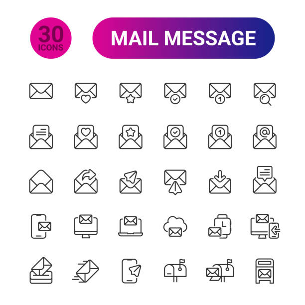 ilustraciones, imágenes clip art, dibujos animados e iconos de stock de iconos de línea de correo trazo editable - sharing file upload text messaging