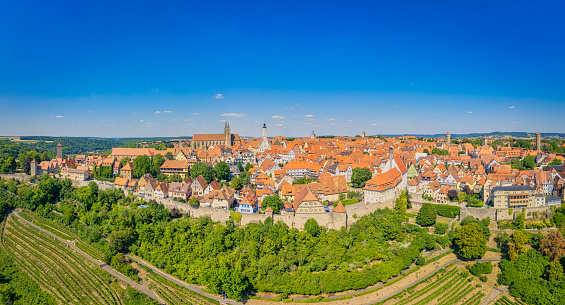 Panorama aerial view over the beautiful historic old town of Rothenburg ob der Tauber in Franconia, Bavaria, Germany