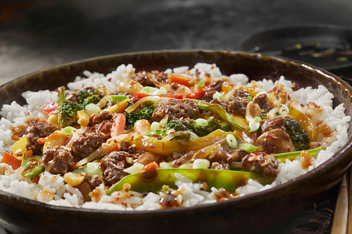 Ground Beef Stir Fry with Mushrooms, Peppers, Carrots, Broccoli, Bean Sprouts and Roasted Peanuts with White Rice