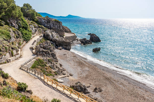 Famous and long Akti Miaouli sandy beach with sidewalk on the western side of the island of Rhodes, Greece stock photo