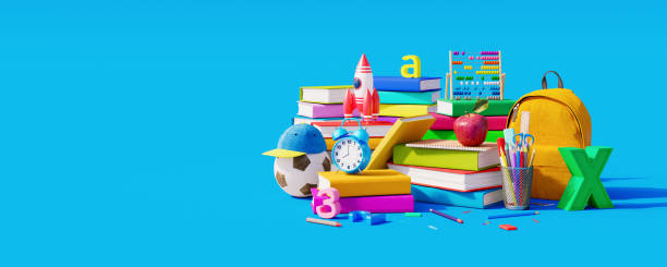 istock Back to school concept on blue background. Books and colorful pencils with abacus 3D Render 1413893210