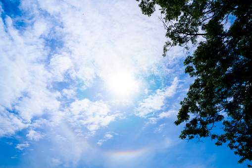 The phenomenon of the sun's halo causes the refraction and reflection of light to be seen as rainbow stripes.