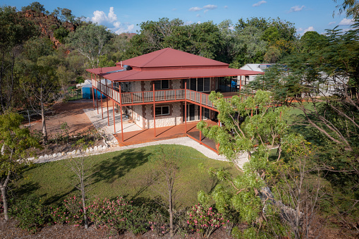 Aerial Drone shot of Residential House, Balcony and gardens