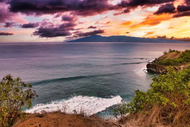 Beautiful view of molokai at sunset seen from Honoua bay on maui.
