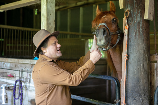 Cowboy petting his horse in the stable