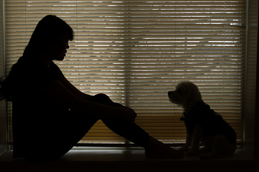 Silhouette of a woman and her dog chatting on a window seat