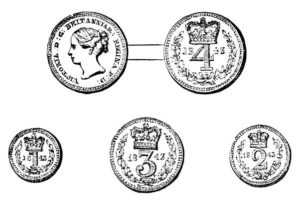 Maundy Money, Coins Given by Queen for Holy Week, Christian History Coins given by Queen Victoria to parishioners at church on Maundy Thursday, the day before Good Friday of Holy Week is celebrated.   Illustration published 1863. Source: Original edition is from my own archives. Copyright has expired and is in Public Domain. anglican eucharist stock illustrations