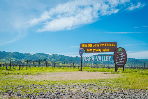 Napa Valley, CA - July 16, 2017: famous Napa Valley welcoming sign where tourists stop by to take photos