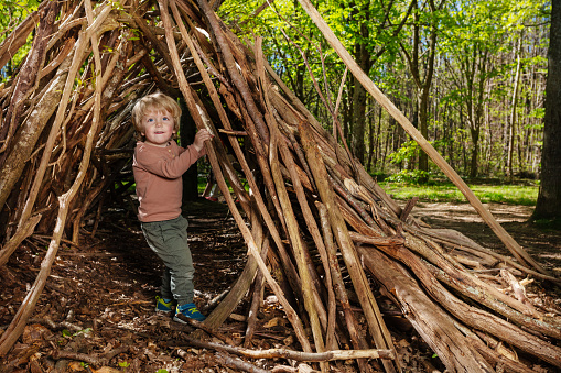 Little blond boy play in hut of branches in the forest, happy time in summer camp