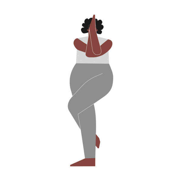 Vector illustration with flat african american female character. Sportive woman learns posture Garudasana at yoga class. Fitness exercise - Eagle Pose Vector isolated illustration with flat african american female character. Sportive woman learns Balancing posture Garudasana at yoga class. Fitness exercise - Eagle Pose garudasana illustrations stock illustrations