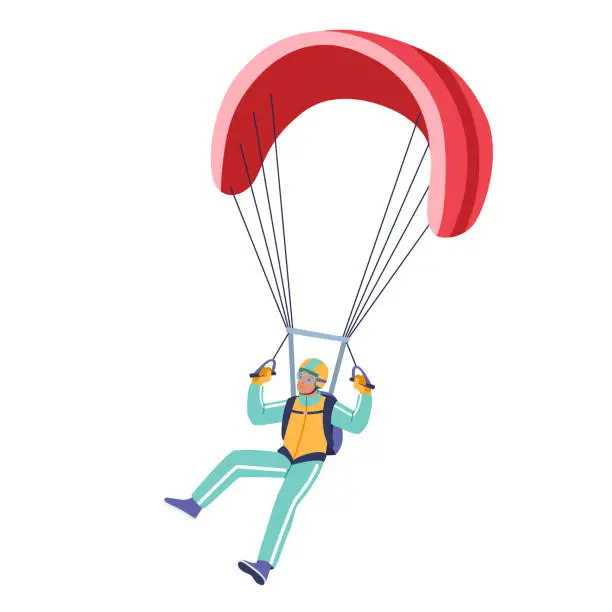 Vector illustration of Paragliding, Parachute Jumping Extreme Activity, Skydiver Recreation. Parachutist Flying in Sky Jump with Parachute