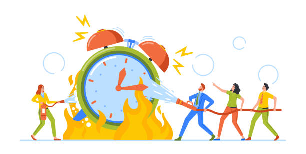 istock Tiny People Extinguish Huge Alarm Clock with Fire Fighter Hose. Concept of Time Lack, Deadline, Stress 1413908934