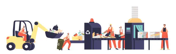 Vector illustration of Litter conveyor and process at garbage sort and separating plant with team or workers collect litter