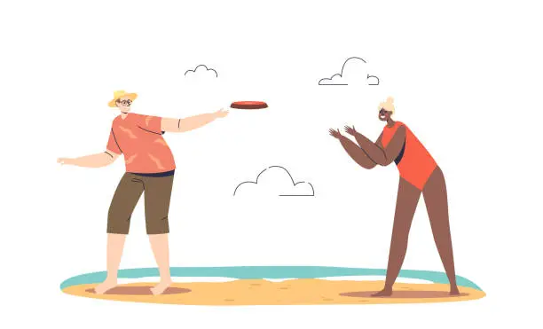 Vector illustration of Couple playing with flying disk on beach. Young man and woman enjoy summer active recreation outdoor