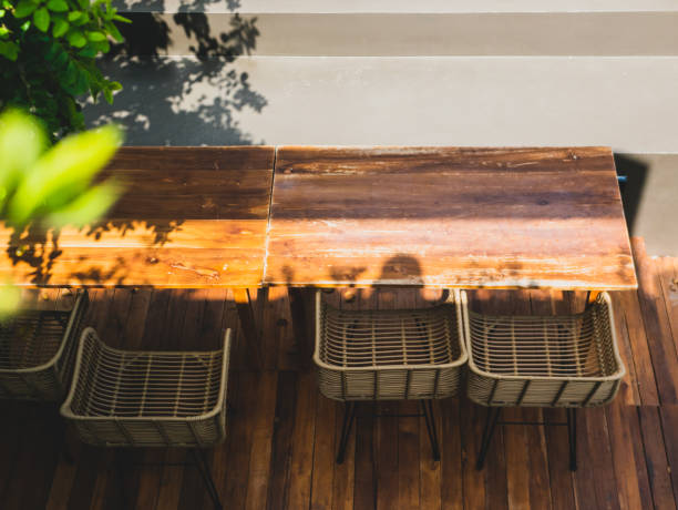 istock Table and chairs in the garden cafe. 1413909013