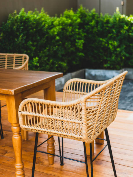 istock Table and chairs in the garden cafe. 1413909092