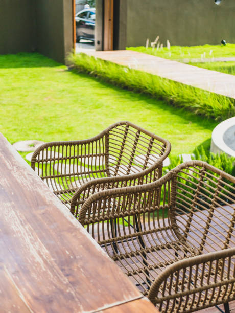 istock Table and chairs in the garden cafe. 1413909237