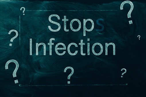 The words 'Stop Infection' with the letter 's' lightly removed in blackboard theme for a concept to learn how narratives change. This is part of my Signs of the Times Collection for 2022 for the Social History of Tomorrow.