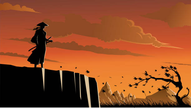 vektor-samurai-silhouette in einer tal-stock-illustration - silhouette landscape cliff mountain stock-grafiken, -clipart, -cartoons und -symbole