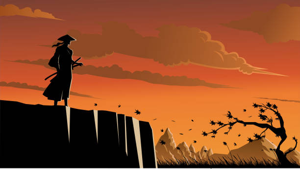 ilustrações, clipart, desenhos animados e ícones de silhueta samurai vetor em uma ilustração de valley stock - silhouette landscape cliff mountain