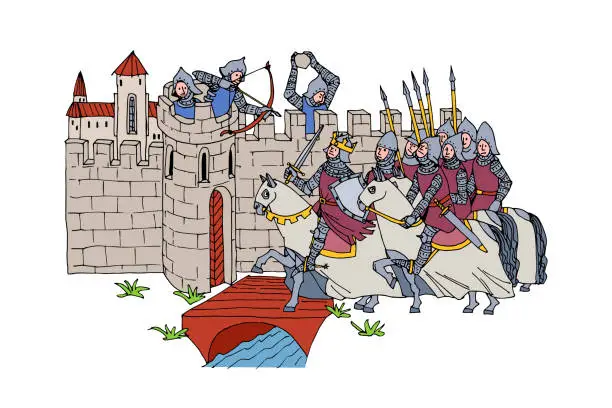 Vector illustration of The siege of a medieval city. Storming the fortress. The conqueror king with an cavalry.
