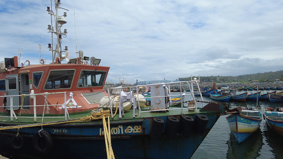 July 2022, Thiruvananthapuram, Kerala, India, Kerala Governments Marine Ambulance at vizhinjam fishing Harbor, Thiruvananthapuram, Kerala, seascape view