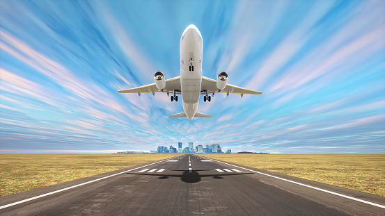 Commercial airplane Takeoff on airport runway with city in the background and beautiful afternoon skies, 3D illustration.