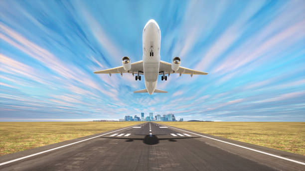 Commercial airplane Takeoff on airport runway with city in the background, 3D illustration. stock photo