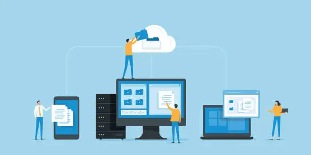 Vector illustration of flat vector business technology document management system storage backup concept and cloud server service with administrator and developer team working concept